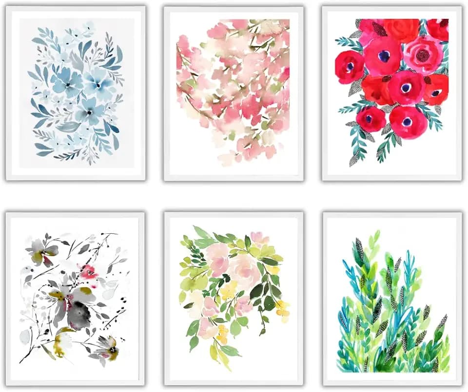 BRIGHTLANE Floral Wall Art, Set of 6 Prints, 8x10 Inch, Semigloss Paper, Waterproof Ink, Wrinkle Resistant, Modern, Contemporary, Living Room Decor