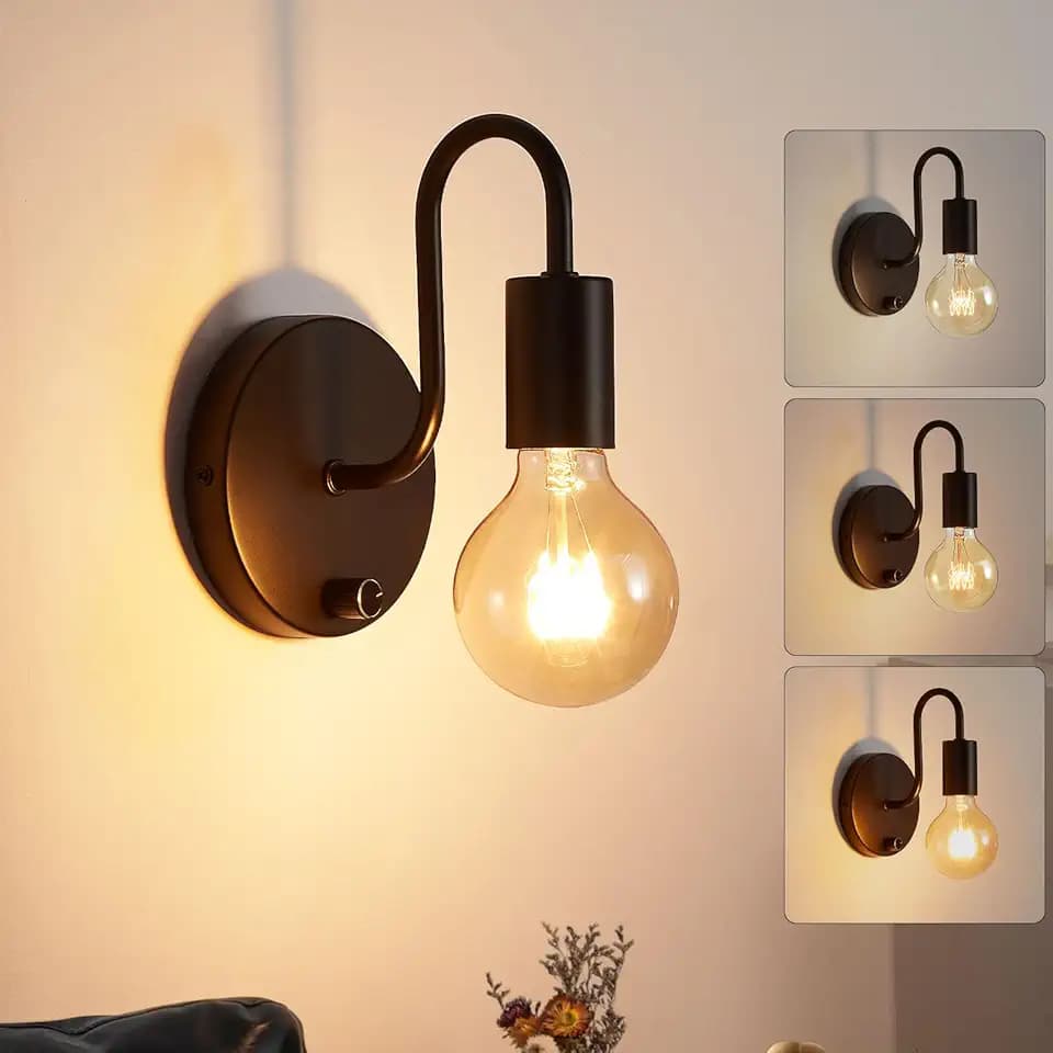 Lightess Wandlampe mit Schalter Dimmbar Vintage Wandleuchte Innen Schwarz