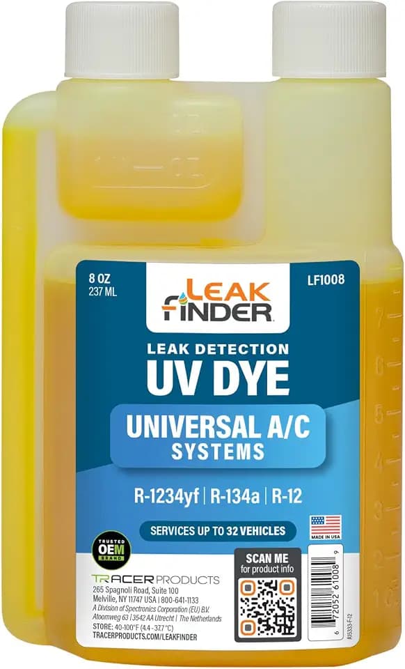 LF1008 Automotive Air Conditioner Refrigerant Leak Detection Dye, Compatible with R134a, R-1234yf Systems, 8oz Twin-Neck Bottle, Services up to 32 Vehicles