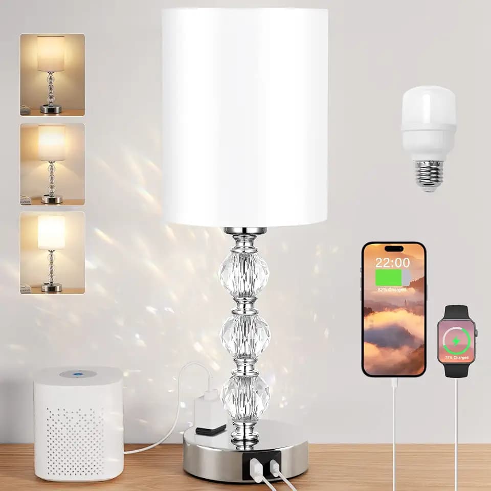 Crystal Touch Lamps for Nightstand, 3 Way Dimmable with Charging Station