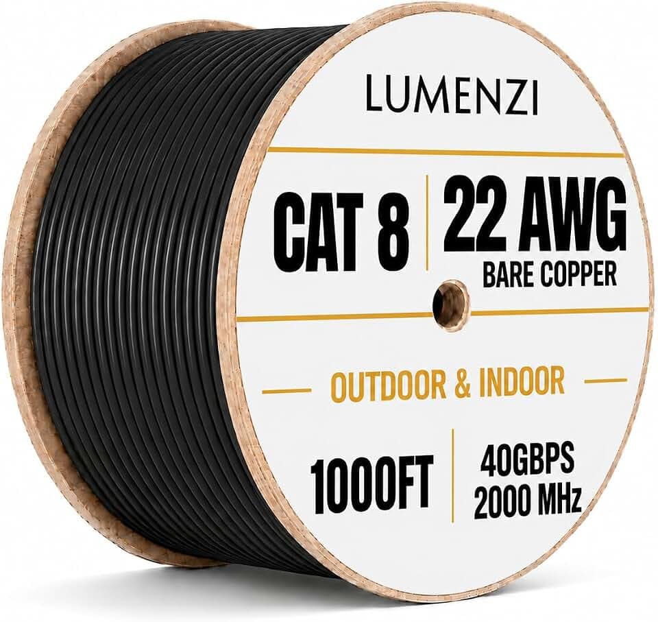 Cat8 1000ft Ethernet Cable, 22 AWG 100% Bare Copper, Black with Spool, Solid Bulk Round S/FTP Shielded Cable, 40Gbps 2000MHz, ETL Listed, RoHS Compliant, PoE Compatible, Indoor/Outdoor, CCTV
