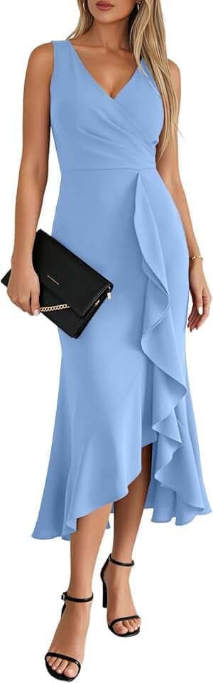 OWIN 2026 Women's Sexy V Neck Sleeveless Faux Wrap Ruched Midi Dress Ruffle Hem Cocktail Party Wedding Guest Bodycon Dress