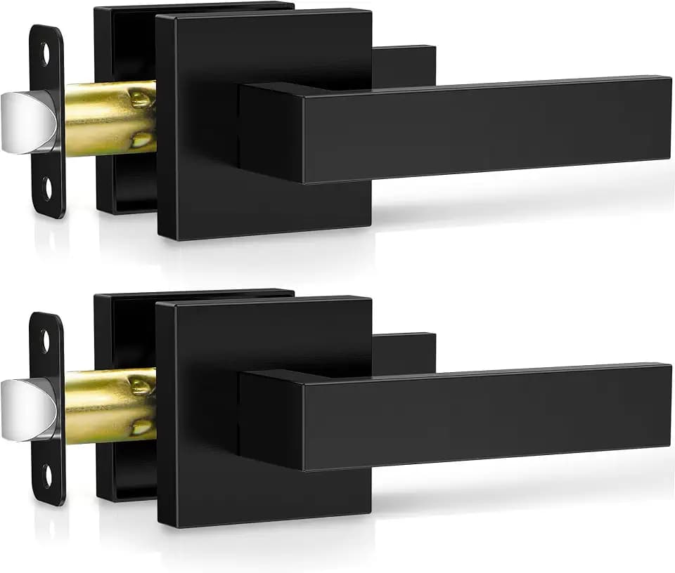 Plustool 2 Pack Matte Black Door Handles, Passage Door Levers for Hallway & Closet, Interior Keyless Door Knobs Heavy Duty Square Non-Locking Handlesets, Reversible for Left & Right Sided Doors