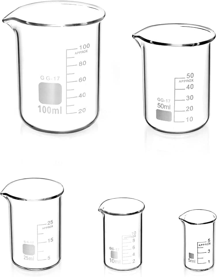 QWORK® 5stk Abgestufter Messbecher Glas Becherglas 5ml 10ml 25ml 50ml 100ml Set für Labor Küche