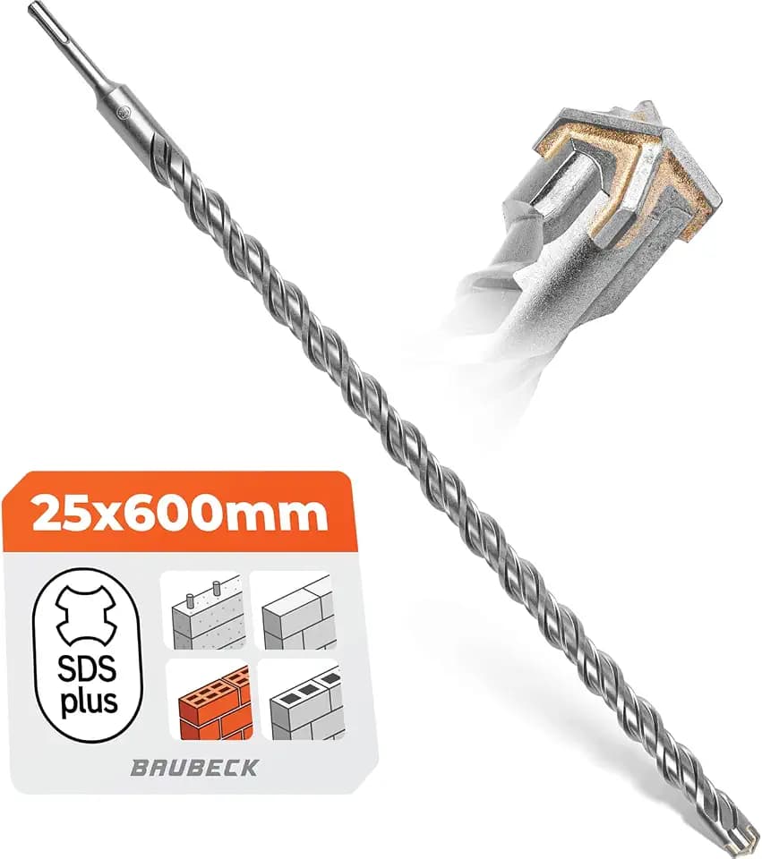 BAUBECK SDS Plus Bohrer 25mm x 600mm lang für Beton & Stein - Premium 40CR Stahl, langlebig - 4 Schneiden Steinbohrer 25mm für beste Ergebnisse - SDS Plus Bohrer 25mm Betonbohrer SDS Bohrer 25mm