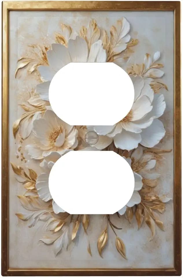 Decorative Art Light Switch Covers Elegant Gold White Floral 1 Gang Single Duplex Outlet Wall Plate Switchplate Electrical Faceplate for Home,BathRoom & Living Room Decor