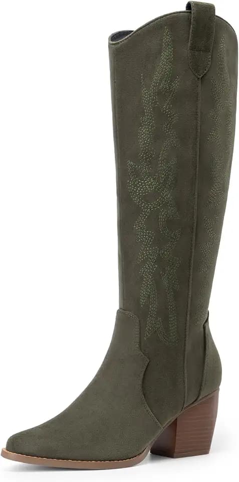 DREAM PAIRS Womens Cowboy Knee High Chunky Heel Boots