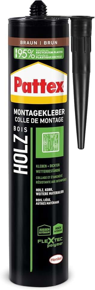 Pattex Montage Holz, starker Montagekleber für Holz und Holzwerkstoffe, wetterbeständiger Baukleber für alle Materialien*, elastischer Holzkleber für innen und außen**, 1x420g Kartusche
