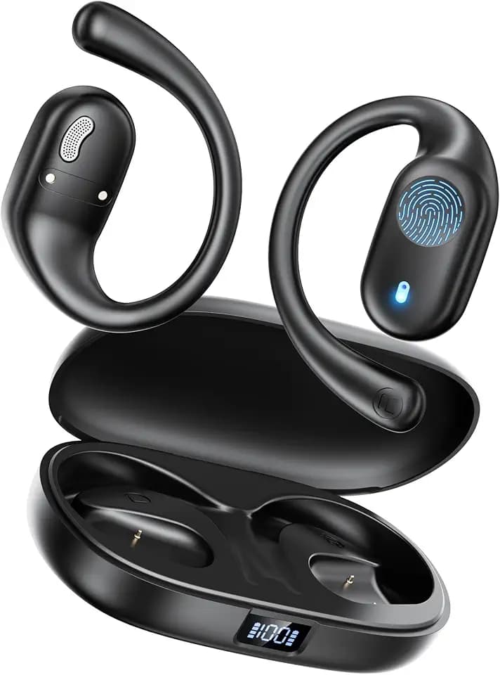Eigsupia Open Ear Headphones, Bluetooth Headphones 5.3 Sports with Smart Digital Display, 36H Playtime, IP54 Waterproof, Wireless Earbuds Lightweight Design Fit Cycling, Running, Workout (Black)