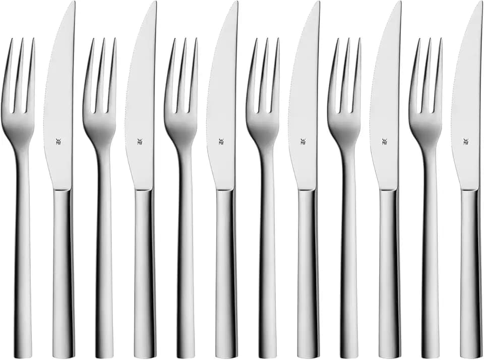 WMF Nuova Steakbesteck 12-teilig, für 6 Personen, Set für 6 Personen, Steakgabel und Steakmesser Set aus Cromargan Edelstahl poliert, spülmaschinengeeignet