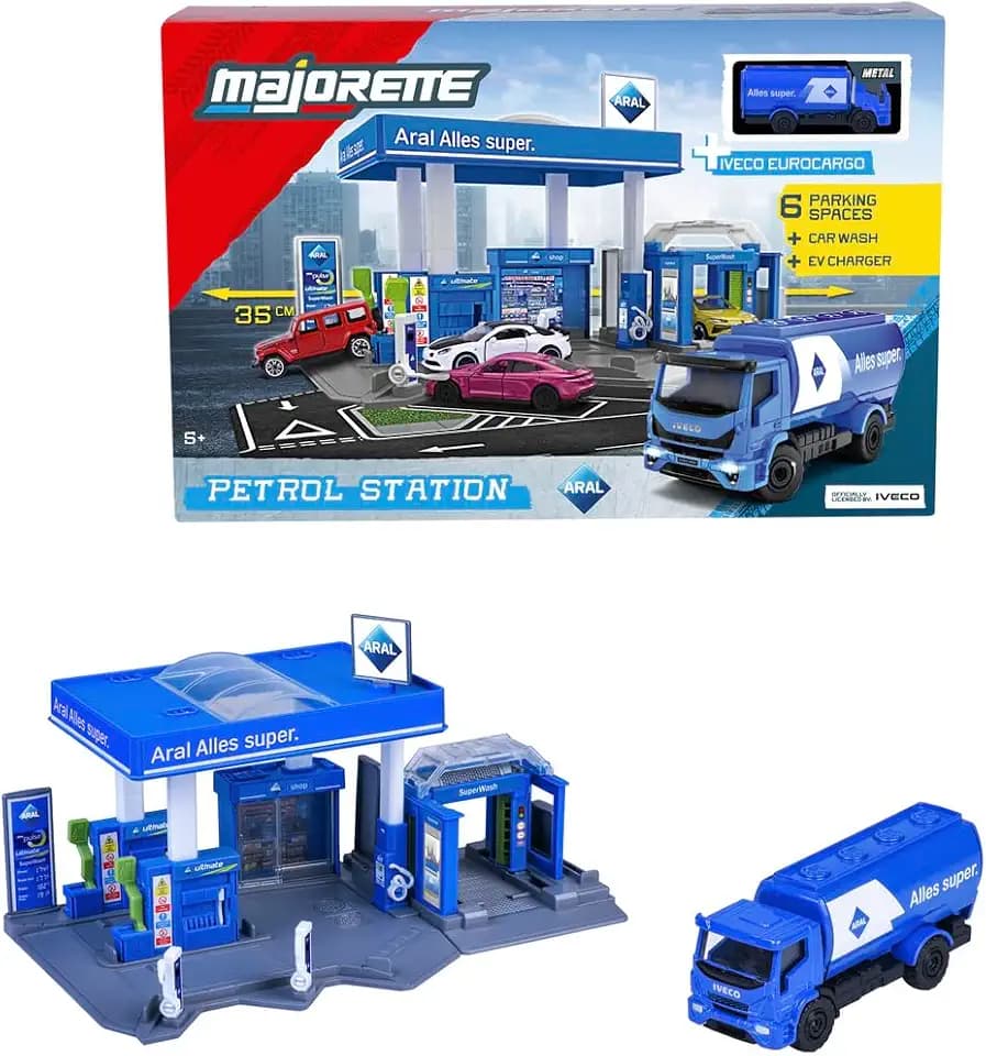 Majorette Petrol Station ARAL (inkl. Spielzeugauto) - Spielzeug-Tankstelle mit Waschanlage, Shop, Zapf- und Ladesäulen & vielen Funktionen, Auto-Spielset für Kinder ab 5 Jahre, 17x28x10 cm
