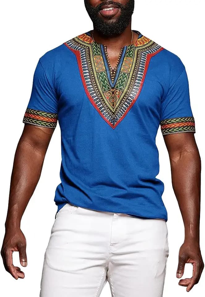 Makkrom Mens African Dashiki T Shirt Tribal Floral Print V Neck Slim Fit Shirts Tops
