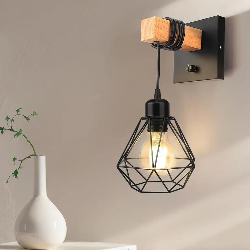 Vintage Industrie Wandlampe E27 Dimmbar,Wandleuchte Holz & Eisen mit Schalter,Wandlampe mit kabel,Schwarz Wandleuchten Innen,Retro Wandbeleuchtung für Schlafzimmer, Wohnzimmer & Flur（Ohne LED Bulb）
