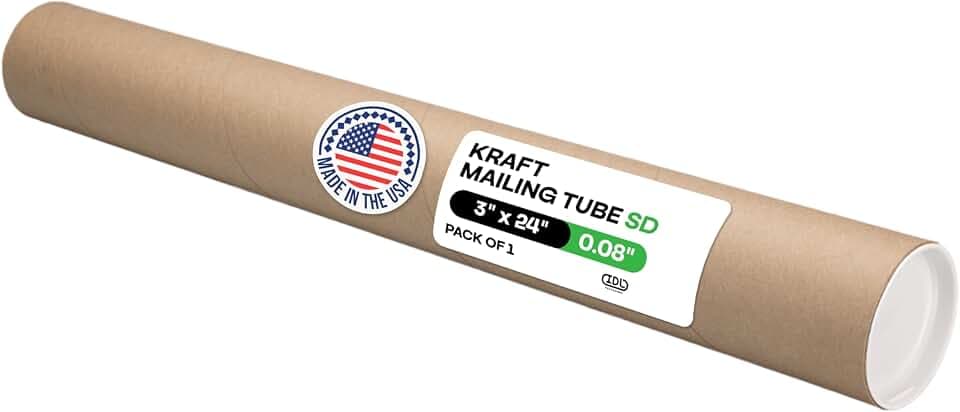 IDL Packaging Cardboard Mailing Tube, 3" x 24" with Plastic Caps - USA-Made USPS Approved Poster Tube for Documents & Blueprints - Reinforced Mailing Cylinders for Shipping & Storage