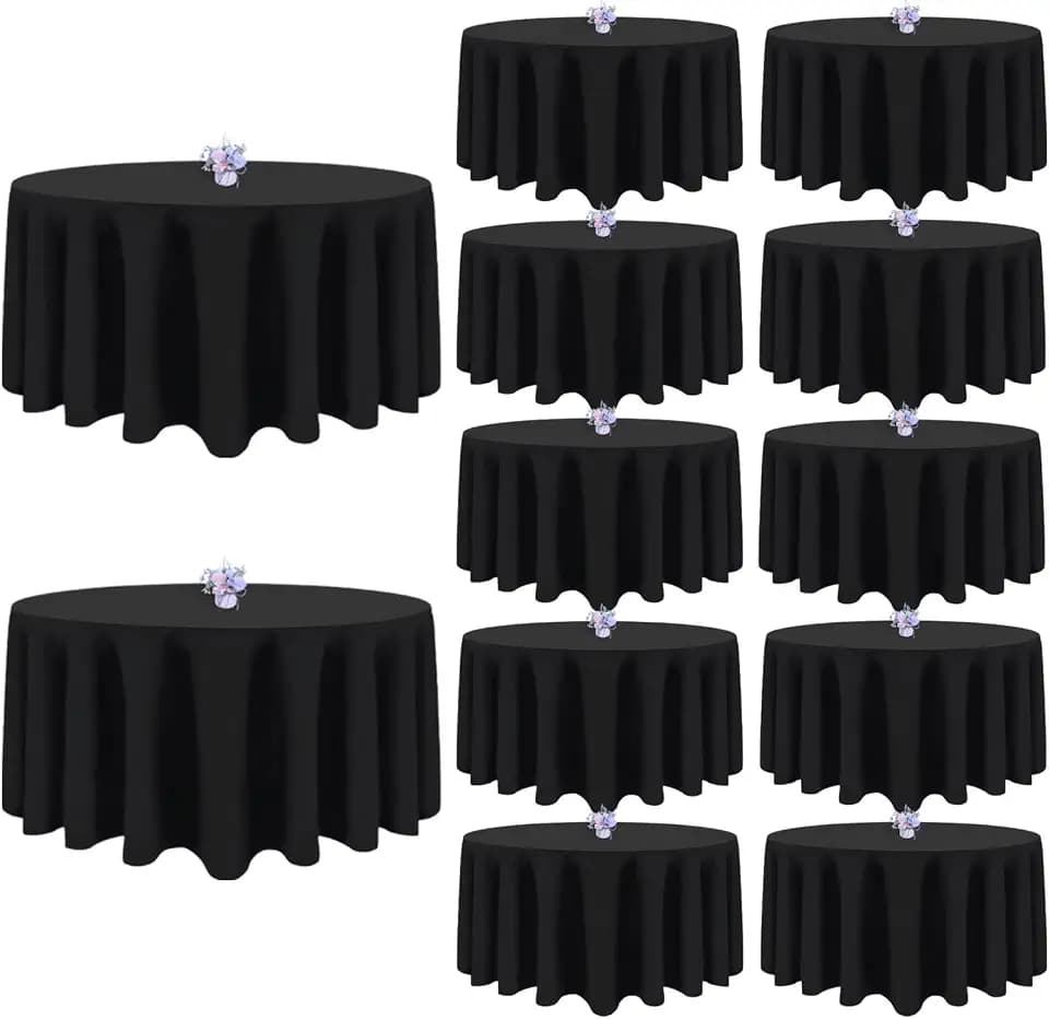 12 Pack Black Round Tablecloths, 120 Inch for 48"-96" Table