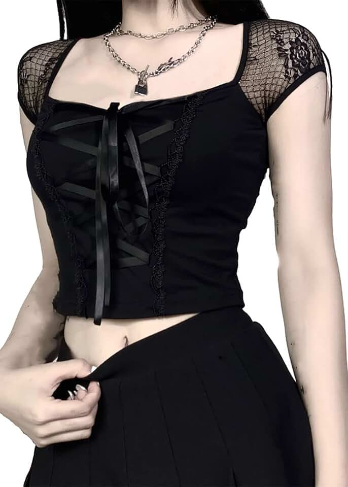 Damen Gothic Floral Mesh Crop Tops Quadratischer Ausschnitt Alt Bluse Y2K Spitze Casual Slim T-Shirt