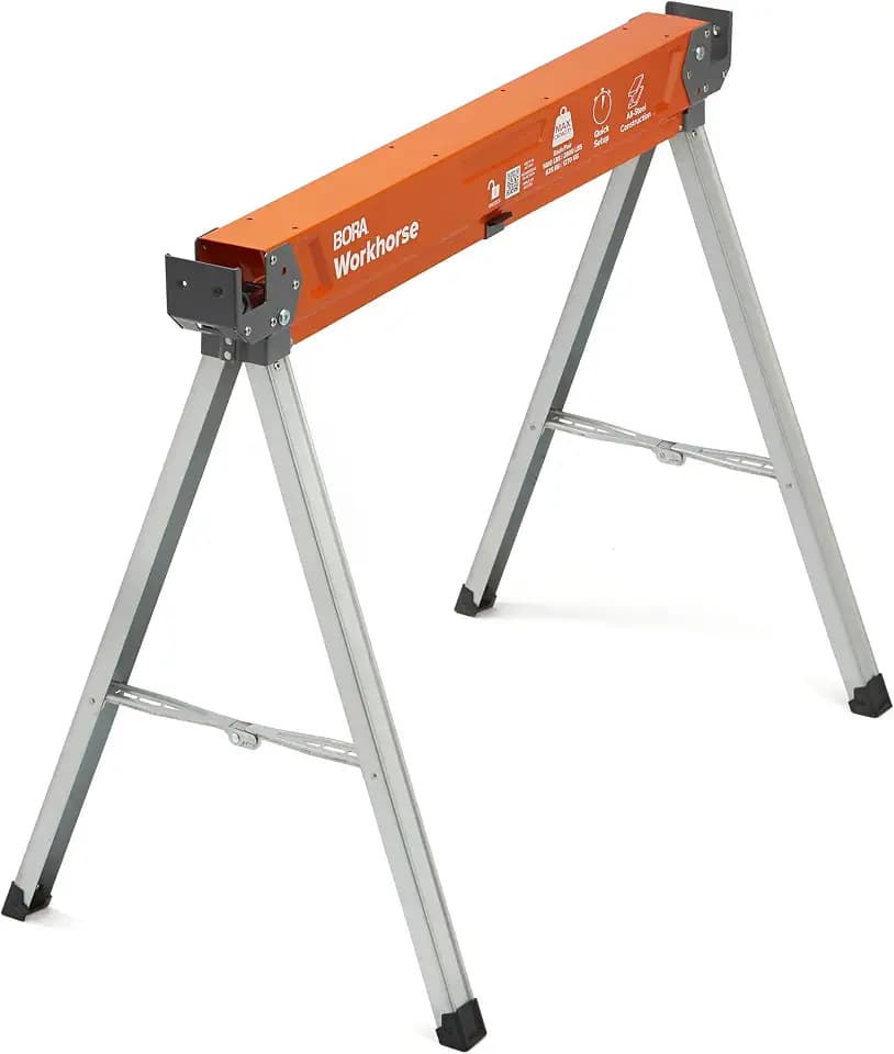 BORA Workhorse PM-3350 Sägebock, einteiliger Ständer mit klappbaren Beinen, Metallplatte für 2 x 4, robustes Profi-Sägebock für Holzbearbeitung, Tischler, Bauunternehmer