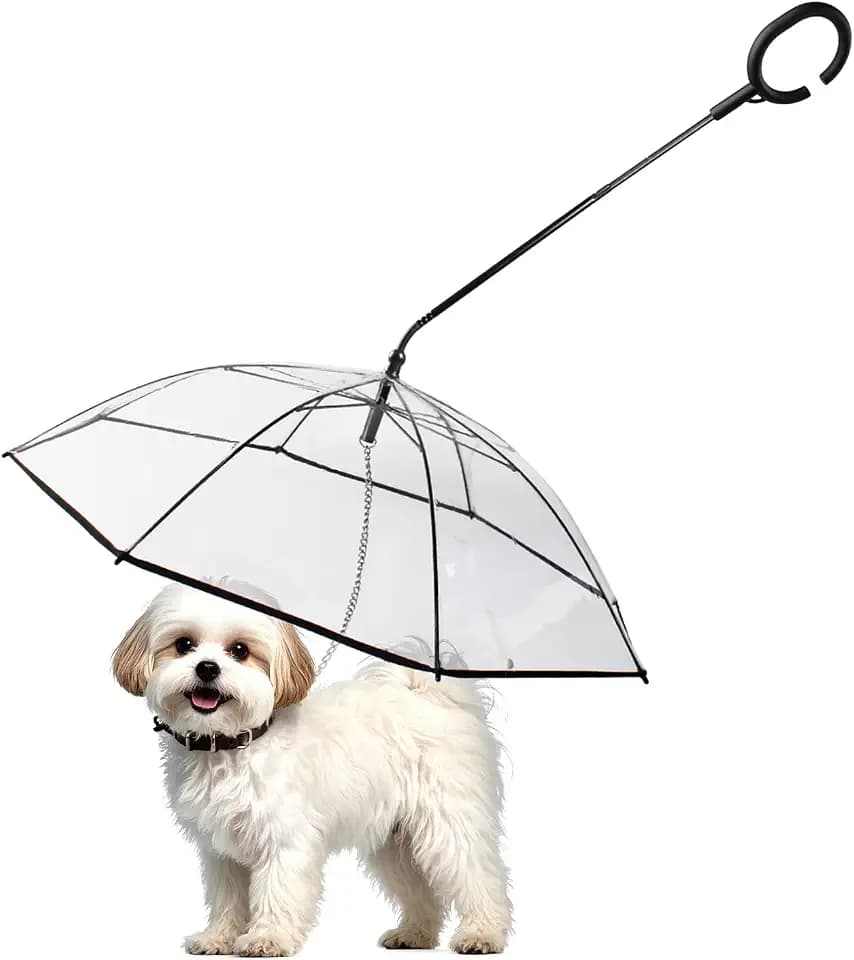 ENJOYING Small Dog Umbrella, Clear Dog Umbrella Leash for Small Dogs, Keeps Dogs Dry Walking Rain, Doggie Rain Umbrella with Metal Leash, Self-Assembly