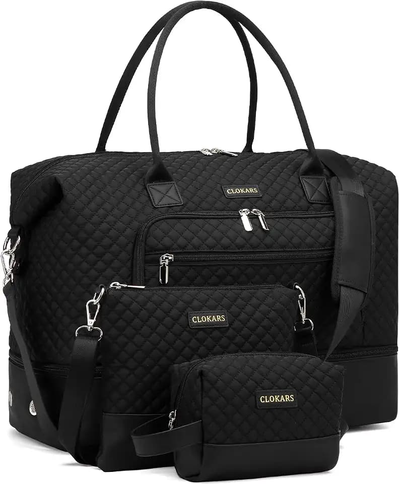 Weekender Bags for Women, Travel Duffle Bag Carry On Overnight Bag with Cosmetics Bag and Crossbody Purse for Gym Hospital, Gifts for Women, Black