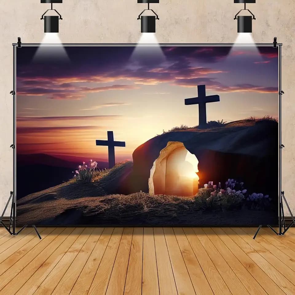 Empty Tomb Photography Backdrop Jesus Christ Cross Sepulcher Lord Pray Background Resurrection of Jesus Church Event Easter Holy Lights Banner Decor Photo Supplies Prop 10x8ft