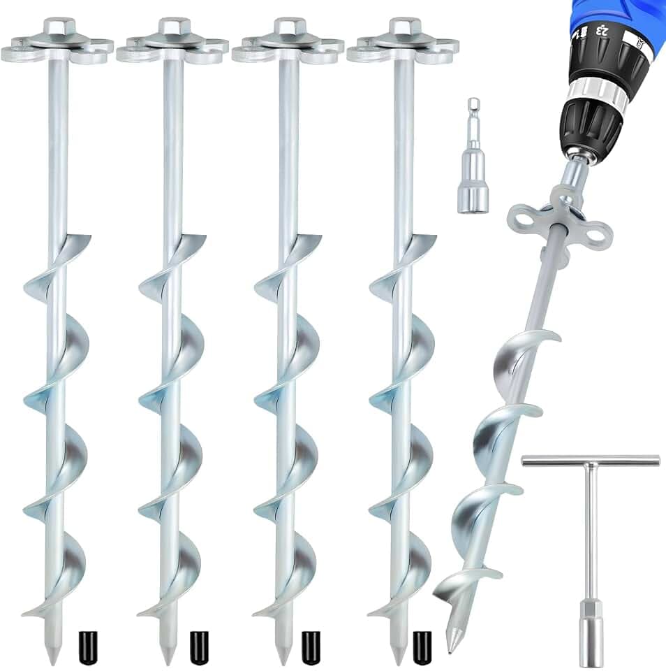 Ground Anchors Screw in – 6 Pack Spiral Tent Stakes heavy duty with Drill Socket & T-Handle, 12 Inch Trampoline Anchor with Hook & Ring Design for Tents, Sheds, Canopies, Swing Sets, Gazebo(6)