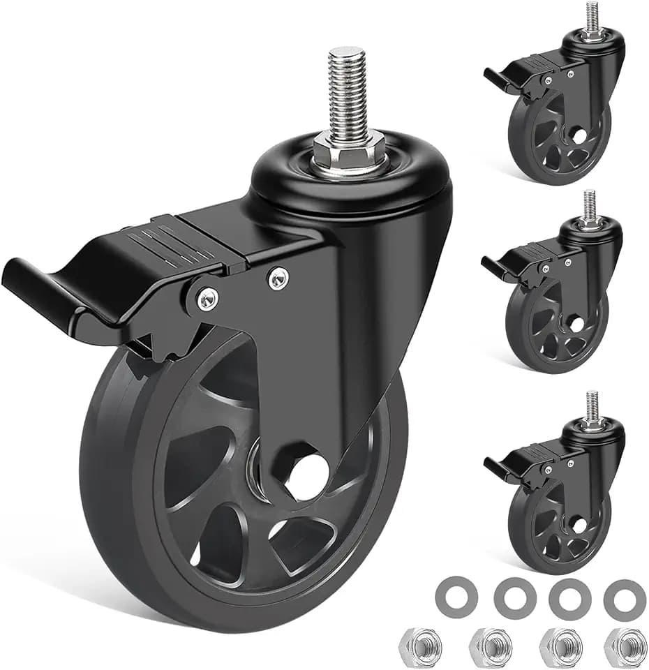 Lenkrollen 125MM mit Bremse, 4 Stück Möbelrollen mit M10 X 25mm (3/8" x 1") Schraube, Schwerlastrollen inkl. Montagezubehör, Transportrollen 360° Drehung bis 700KG, Rollen für Innen & Außen