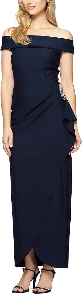 Alex Evenings Women's Slimming Long Side Ruched Dress with Cascade Ruffle Skirt
