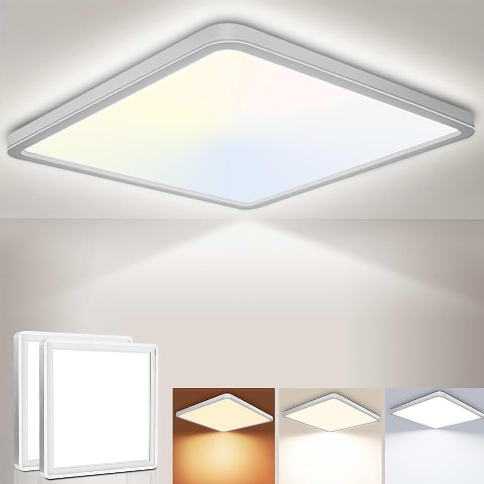 LED Deckenleuchte 24W 6000K/4000K/3000K, 3200LM IP54 Ultra Dünn Deckenlampe, Flach Quadrat Modern Badezimmer Lampe Küchenlampe für Flur Schlafzimmer Balkon Wohnzimmer Ø30CM, Weiß 2Stücke