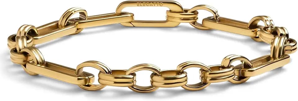 Elegatto Catena Premium 18K Gold Plated Chain Bracelet for Men & Women| Rectangular Link Stainless Steel with Seamless Hinge Clasp | Unisex Designer Jewelry