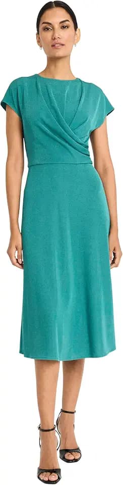 Maggy London Women's Women's Cap Sleeve Wrap Bodice Midi Dress - Elegant A-line Work to Wedding Guest Dress