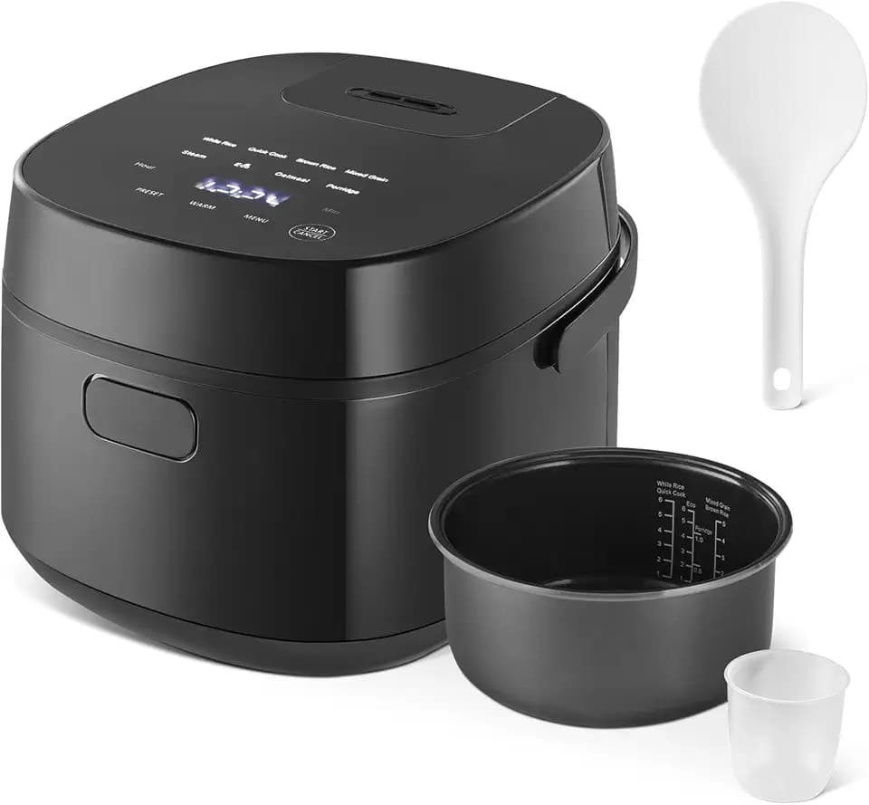 Amazon Basics Rice Cooker 6-cup Uncooked 12-cup Cooked, Micom with Fuzzy Logic, Ceramic Non-Stick Coating, Auto Keep Warm, Locking Lid, Black
