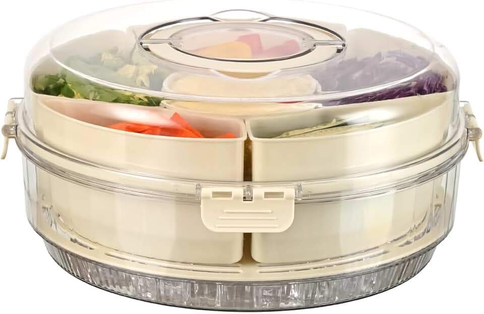 Chilled Food Serving Tray with Ice Chamber, Transparent Lid, 6 Compartment Divided Platter for Fruits, Vegetables, Snacks, Appetizers, Low Temperature Storage