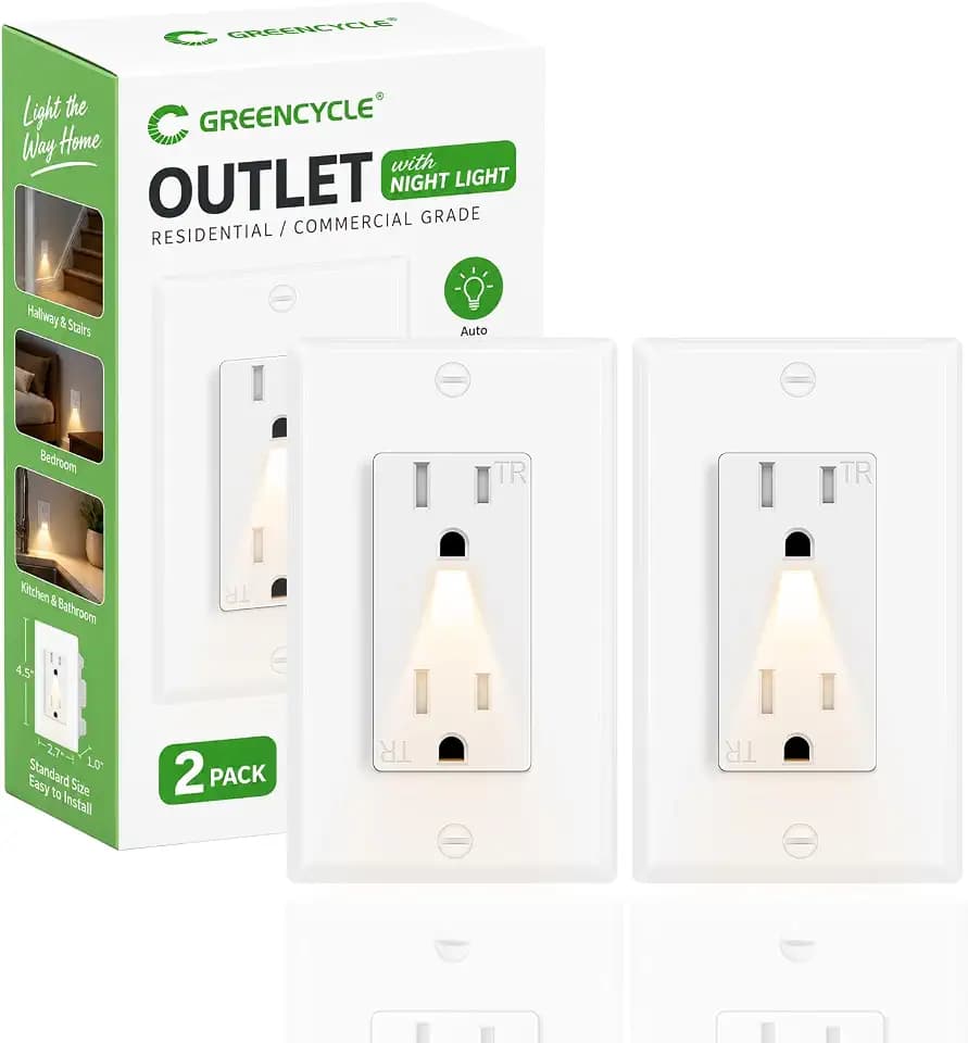 Greencycle Outlet with Night Light,2PK 15Amp Electrical Wall Outlet