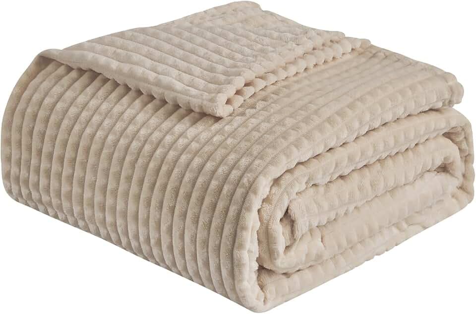 EMME Fleece Blanket Twin Size Luxury Flannel for Couch Bed Sofa Chair, Soft, Plush, Warm and Cozy Blanket with Geometric Grid Design (Beige, 60'' x 80'')