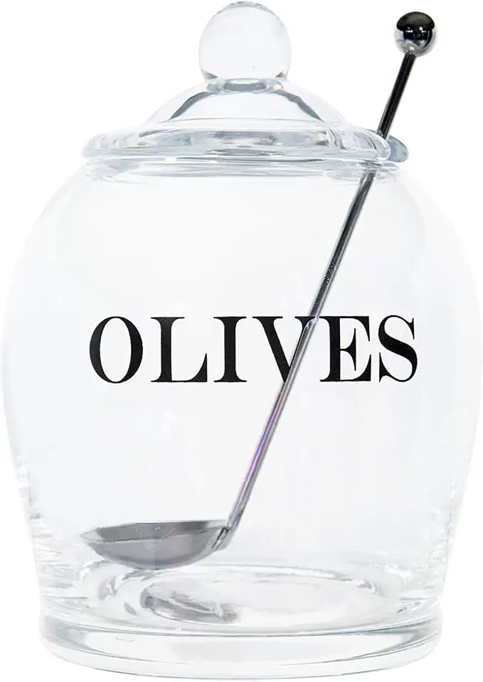 Creative Co-Op Clear Glass "OLIVE" Jar with Lid & Slotted Stainless Steel Spoon (Set of 3 Pieces including Lid)