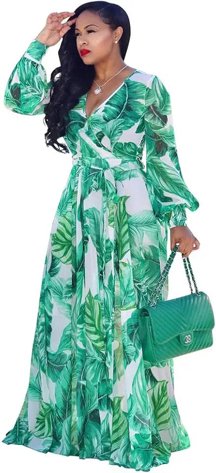 Nuofengkudu Womens Chiffon Deep V-Neck Maxi Dress Summer Boho Dresses(S-5XL)