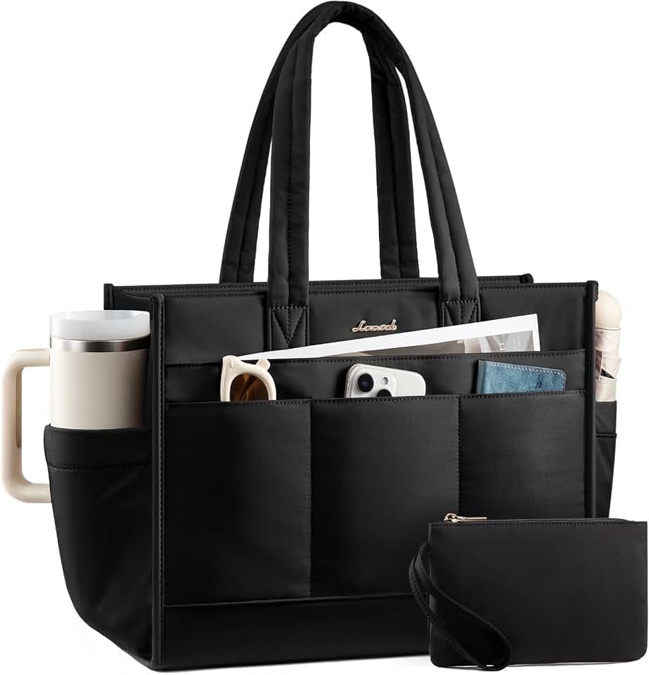LOVEVOOK Shopper Tasche Damen, Handtasche Mittelgroß, leichte Arbeitstasche,15,6 Zoll Laptoptasche Lehrertasche Schultasche, große Puffer Tote Handbags Women für Büro Uni Schule Arbeit Alltag, Schwarz
