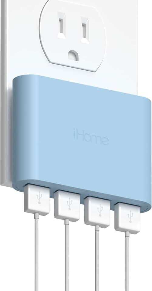 iHome Slim 4-Port USB Wall Charger, Flat Multiport Travel Plug Adapter