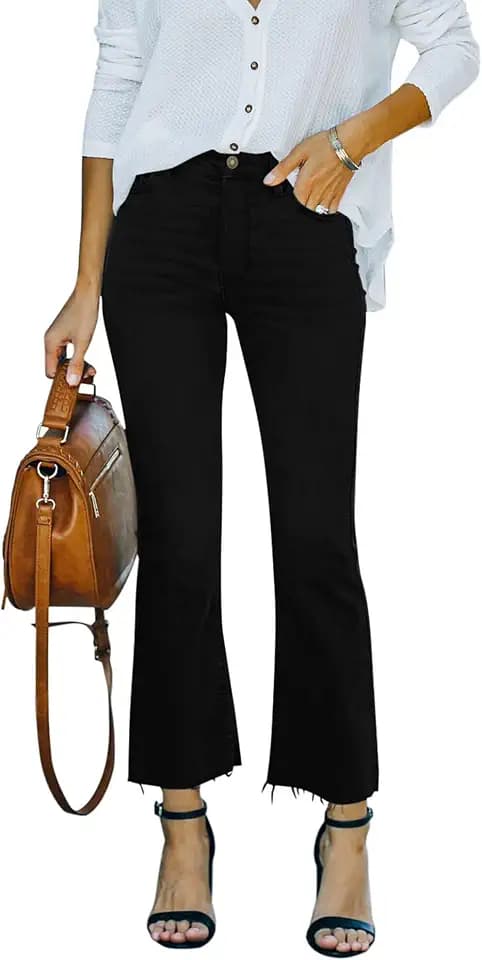 Flare Jeans for Women Stretch High Rise Denim Pants Raw Hem,Black,8