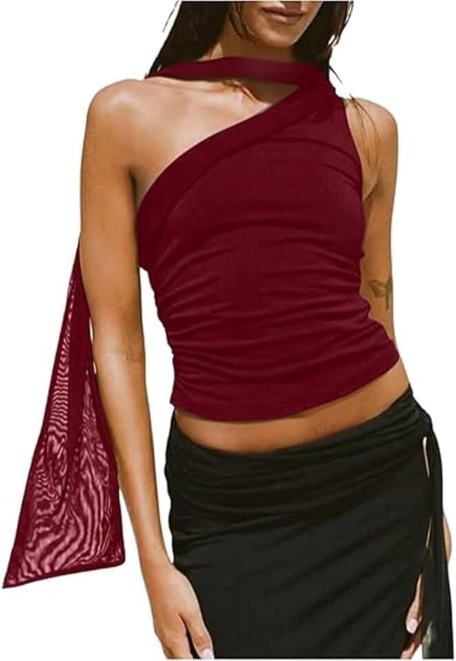 Damen-Sommer-Tank-Top, asymmetrisch, ärmellos, sexy bauchfreies Netz-Top mit Schal, Club-Top zum Ausgehen, Streetwear