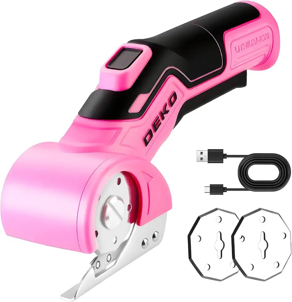 DEKOPRO Kartonschneider Elektrisch, Multifunktionale Akku-Schere, Kabellos mit selbstschärfenden Klingen, 389 g, bürstenloser Motor, USB-C, für Karton, Pappe, Teppich, PVC & Leder, Rosa