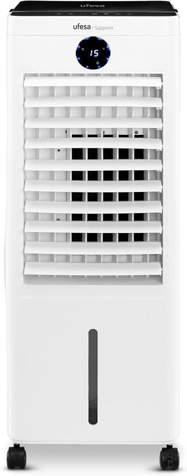 Ufesa Sapporo Verdunstungskühler, 100W, Kühlfunktion und Ventilator, 3 Geschwindigkeiten, 3 Modi, Touchpanel, 12L Wassertank, 12h Timer, Waschbarer Filter, 2 Kühlakkus, Fernbedienung