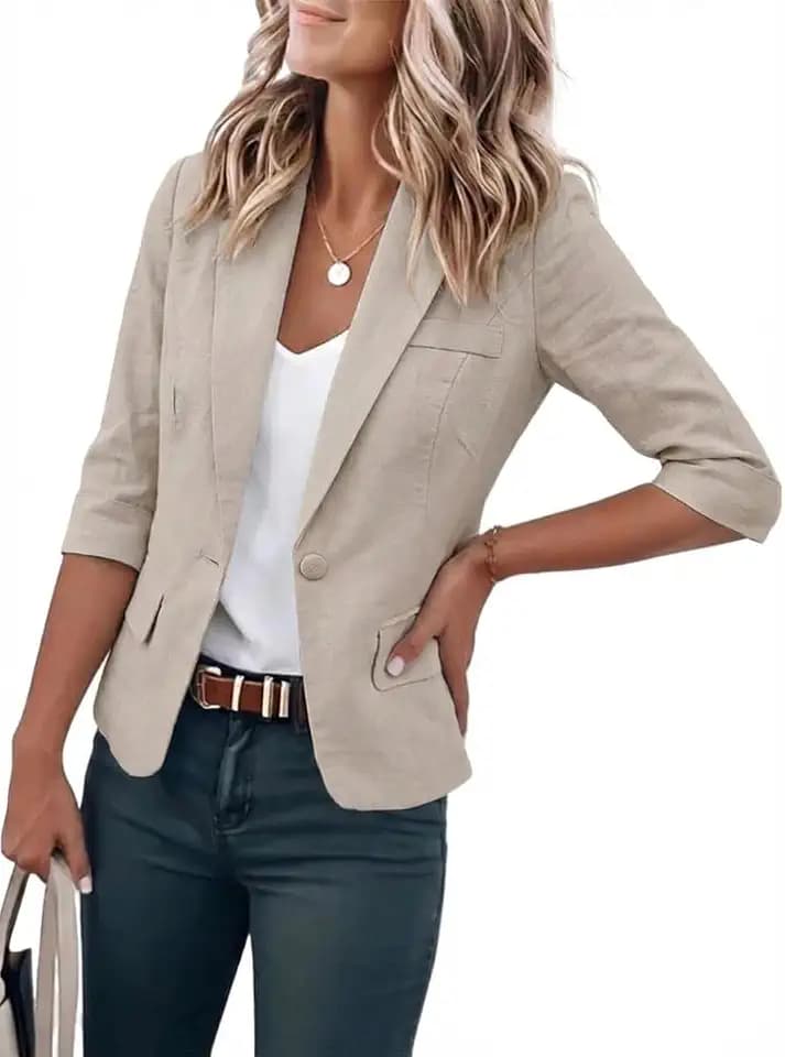IDEALSANXUN Womens Cropped Cotton Blend Blazer Casual 3/4 Sleeve Lightweight Spring Summer Jackets Tops