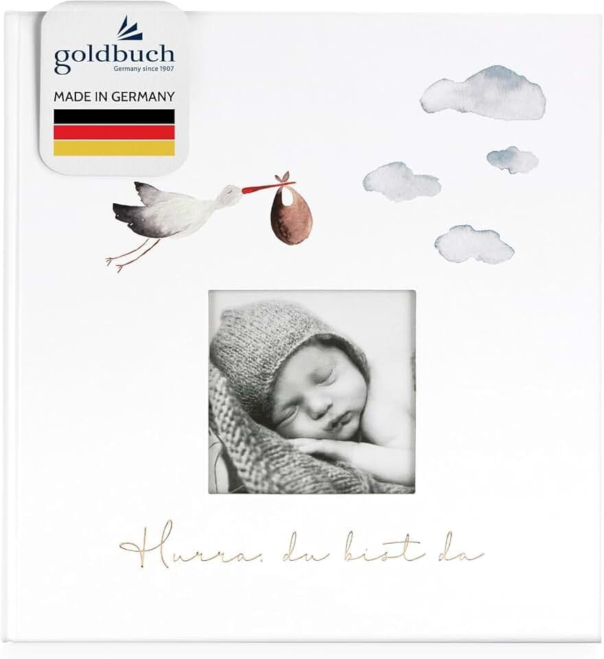 goldbuch 15 474 Babyalbum Hurra - Du bist da!, Babybuch 30 x 31 x 4 cm, Foto Album, 58 weiße Blankoseiten, 4 illustrierte Seiten, Einband aus Kunstdruck mit Goldprägung, Unisex, Fotobuch Weiß