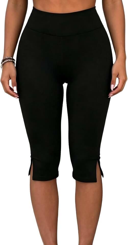 Women’s Capri Leggings High Waisted No Front Seam Split Hem Yoga Pants Knee Length Workout Cropped Pants