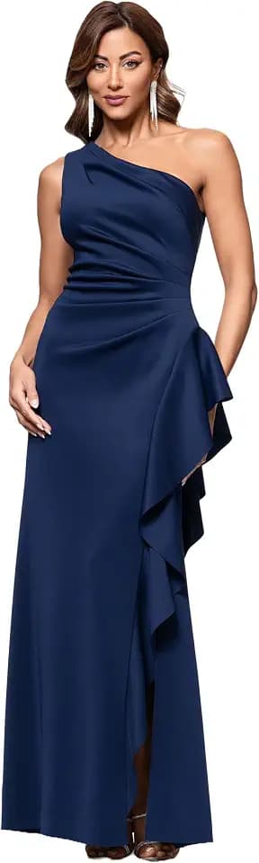 Xscape Women's Floor Length One Shoulder Ruched Waist with Ruffle Bodice Evening Dress with Side Slit, Midnight, 8P