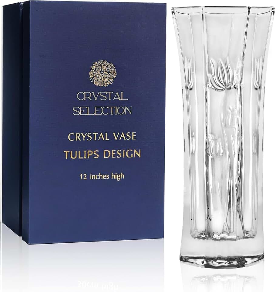 CS Crystal Vase 12-inch high, Tulip Design, for Flowers & Decor. Lovely Nice Shiny Piece. Perfect as a Gift, Suitable for All Occasions.