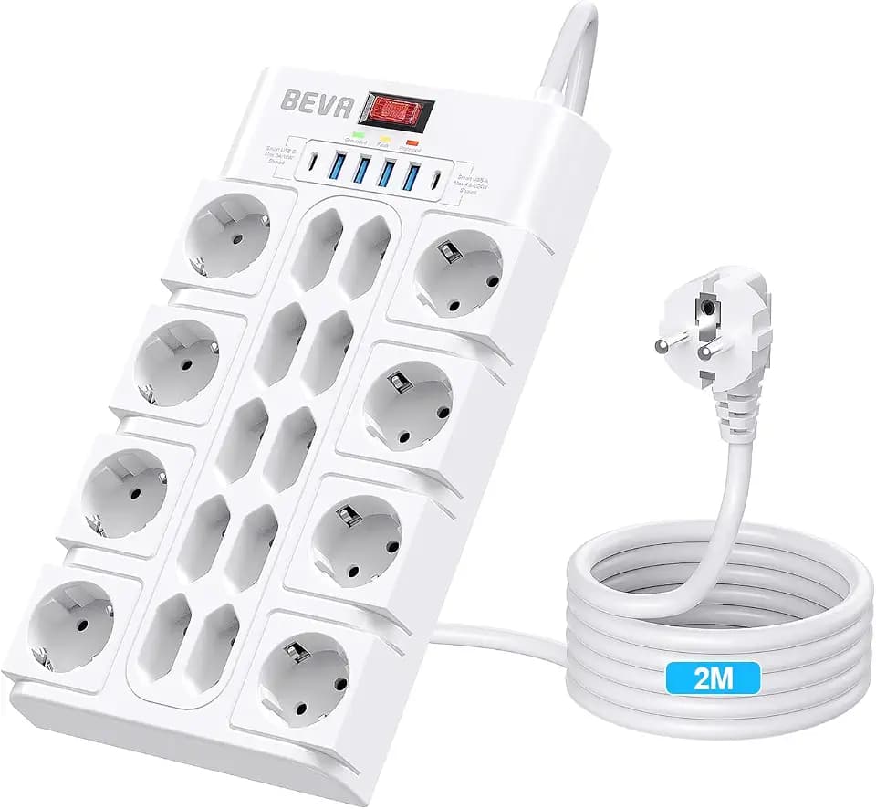 BEVA 18 Fach Steckdosenleiste 3680W/16A, Mehrfachsteckdose mit USB,2M Kabel | 2100J Steckdosenleiste Überspannungsschutz ,Mehrfachstecker mit Schalter und 2 USB-C (15W)+4 USB-A, für Büro und zu Hause