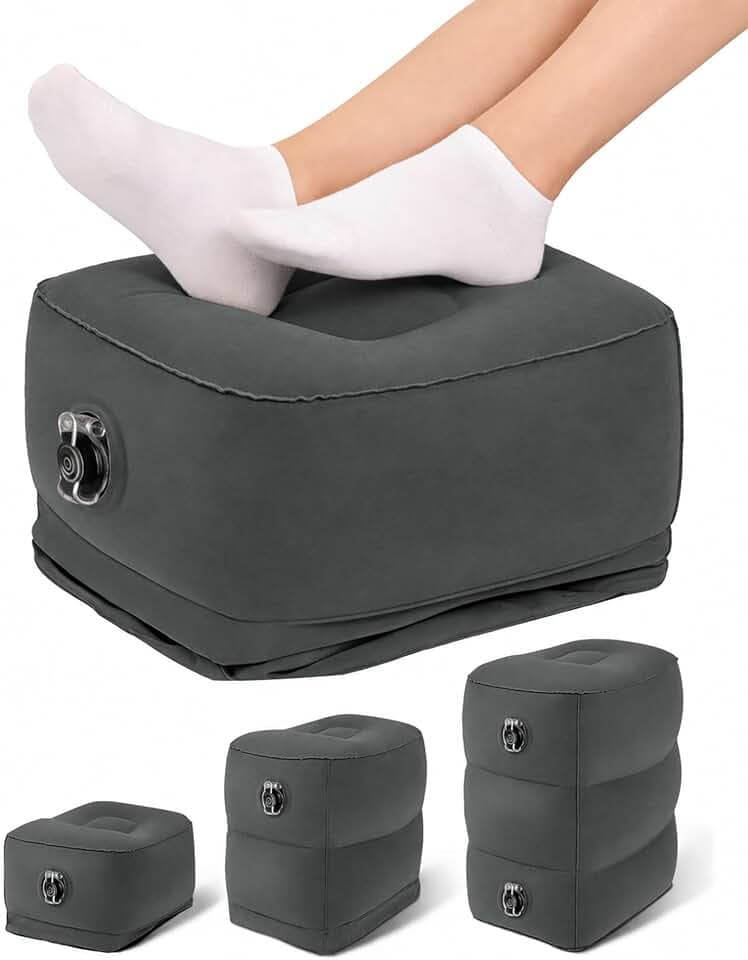 Inflatable Travel Foot Rest Pillow, Kids Airplane Bed, Adjustable 3 Layers Height Leg Rest Pillow, Adults Travel Essentials Great for Airplane, Office, Home, Trains, Cars (Dark Grey)