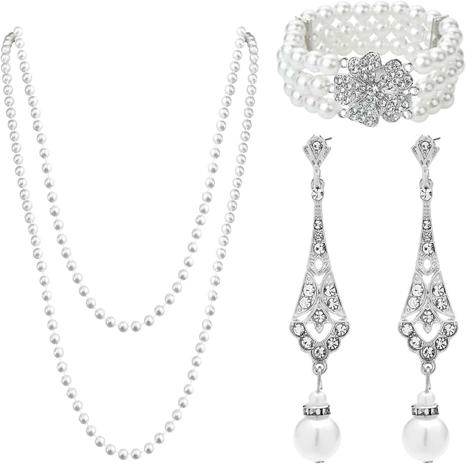 MIVAIUN 3-teiliges Kunststoff-Perlen-Set, 1920er-Jahre-Perlenschmuck-Set, 1920er-Jahre, Damen-Perlenkette, Ohrringe, Armband, 1920er-Jahre, Vintage-Ohrringe, mehrschichtiges Perlenarmband für Mädchen,
